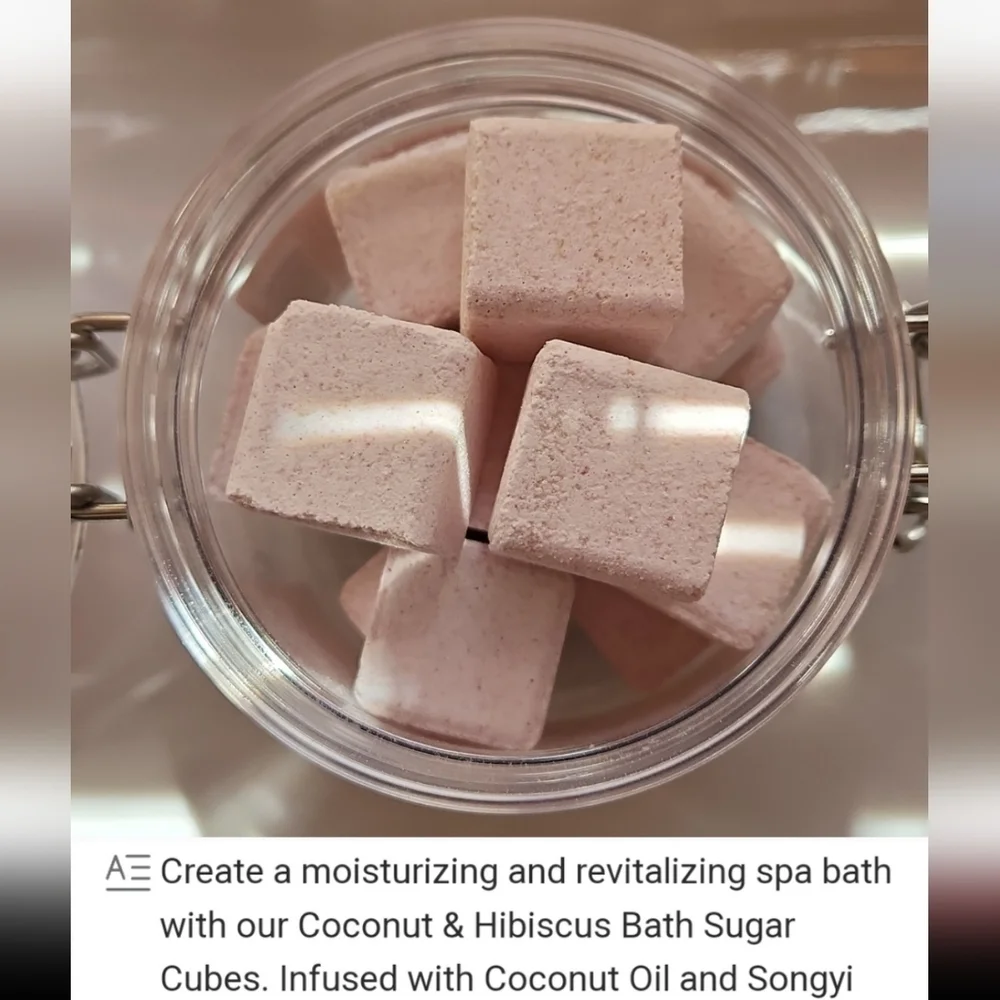 Fair Trade Shea moisture coconut and hibiscus bath cube sugar, songi mush